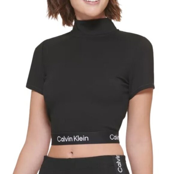 Calvin Klein Performance Tops - Calvin Klein Performance Womens Mock Neck Logo Crop Top Black Ponte Knit L New